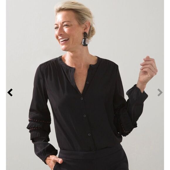 Chicos Black Beaded Ruffle Top 3/4 Sleeve Button Down Pullover Size 8 - Picture 2 of 12